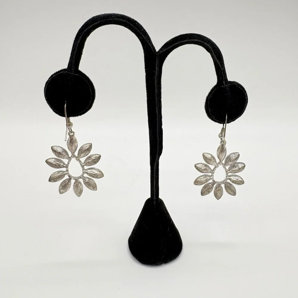 Boho‎ Dangle Earrings Blue Marquise Stones Silver Tone Teardrop Flower Design